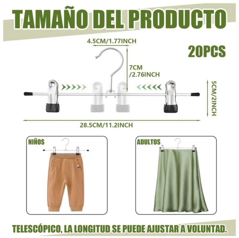 20 Ganchos Para Ropa con Clip Color Plata