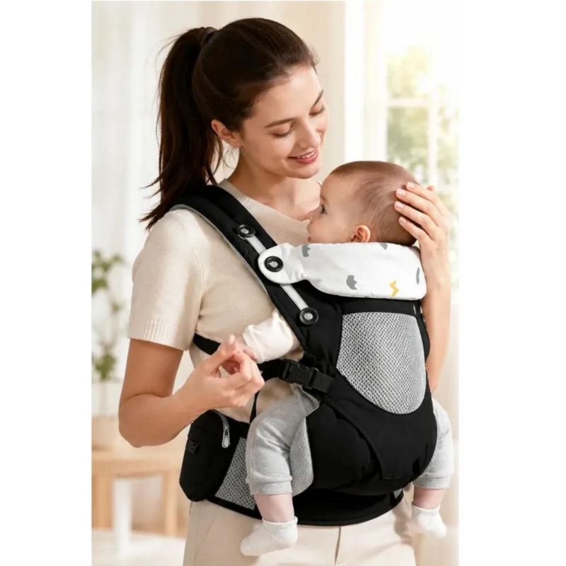 Cangurera Portabebé Ergonómico Ajustable, Transpirable, Multiposiciones, Soporte para Espalda, Con Capucha Negro