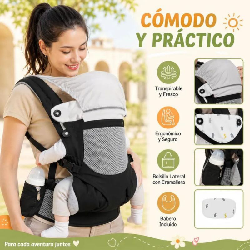 Cangurera Portabebé Ergonómico Ajustable, Transpirable, Multiposiciones, Soporte para Espalda, Con Capucha Negro