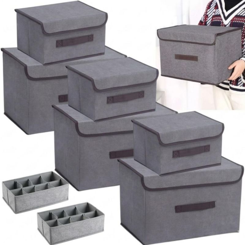 Cajas Organizadoras De Tela Plegables Cesto Con Tapas,8 Pzs Gris