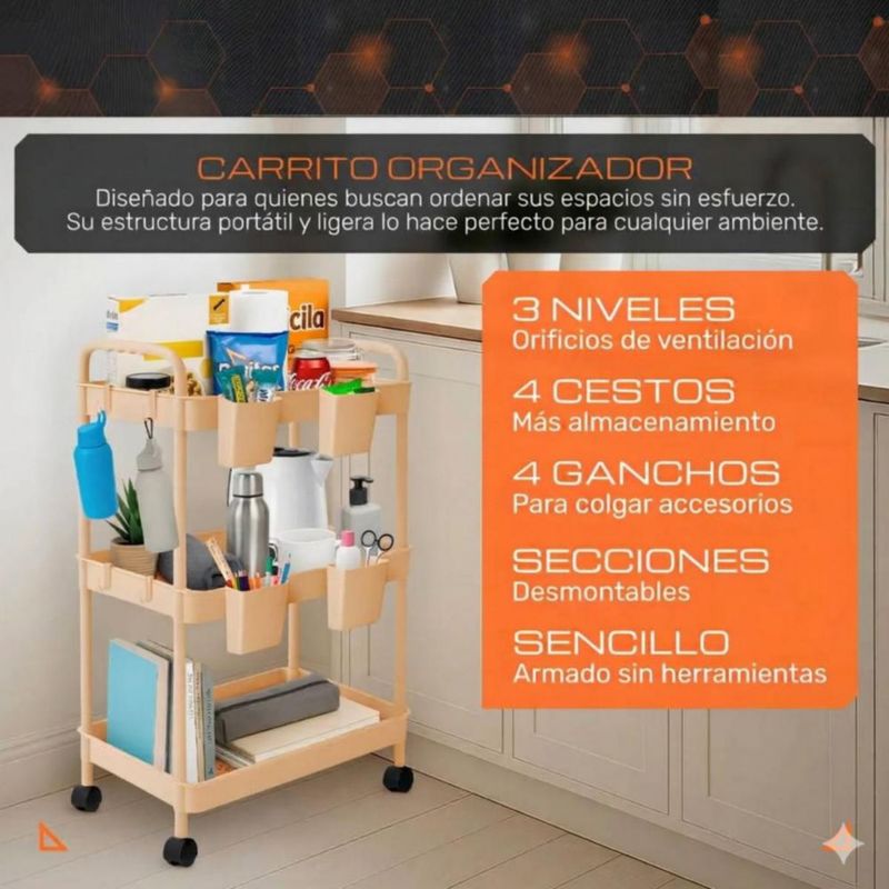 Carrito Organizador Multiusos 3 Niveles 4 Cestos y Ganchos Auxiliar Desmontable Ruedas 360 Rosa