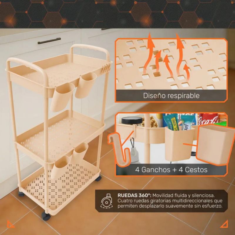 Carrito Organizador Multiusos 3 Niveles 4 Cestos y Ganchos Auxiliar Desmontable Ruedas 360 Rosa
