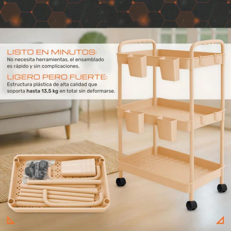 Carrito Organizador Multiusos 3 Niveles 4 Cestos y Ganchos Auxiliar Desmontable Ruedas 360 Rosa