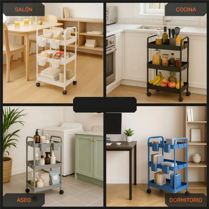 Carrito Organizador Multiusos 3 Niveles 4 Cestos y Ganchos Auxiliar Desmontable Ruedas 360 Rosa
