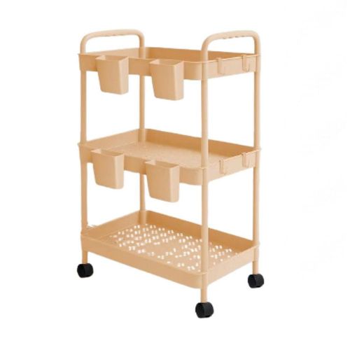 Carrito Organizador Multiusos 3 Niveles 4 Cestos y Ganchos Auxiliar Desmontable Ruedas 360 Rosa