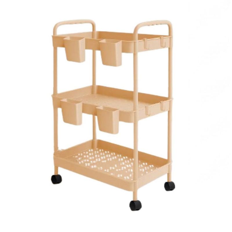 Carrito Organizador Multiusos 3 Niveles 4 Cestos y Ganchos Auxiliar Desmontable Ruedas 360 Rosa