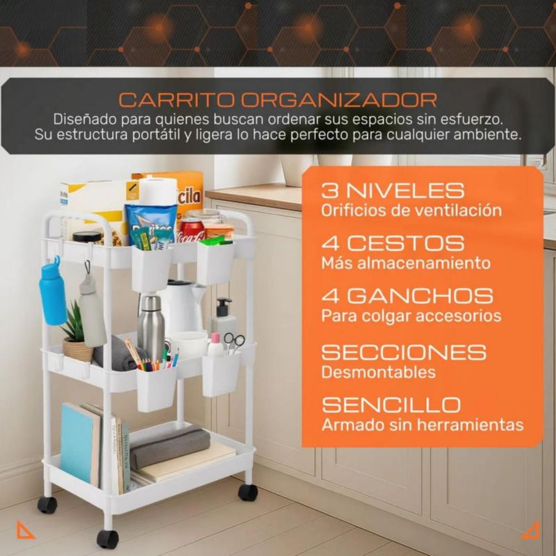 Carrito Organizador Multiusos 3 Niveles 4 Cestos y Ganchos Auxiliar Desmontable Ruedas 360 Blanco
