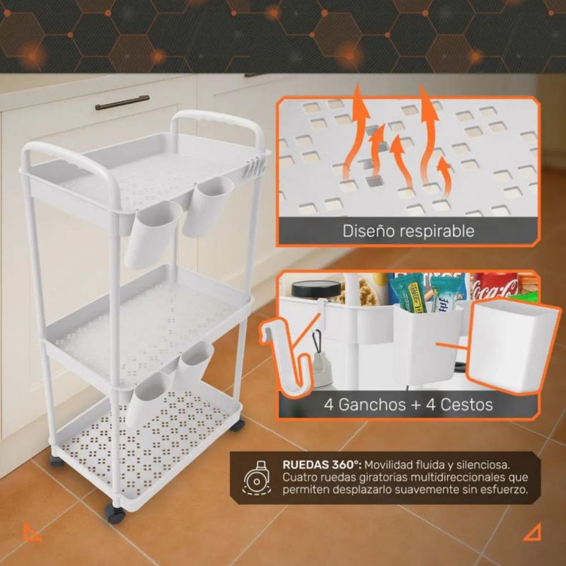 Carrito Organizador Multiusos 3 Niveles 4 Cestos y Ganchos Auxiliar Desmontable Ruedas 360 Blanco