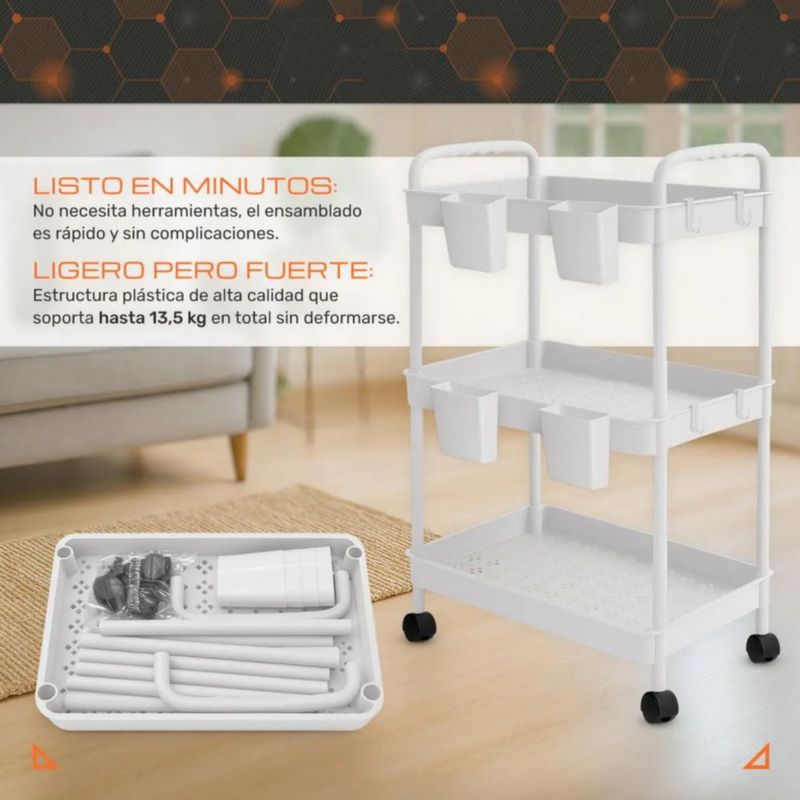 Carrito Organizador Multiusos 3 Niveles 4 Cestos y Ganchos Auxiliar Desmontable Ruedas 360 Blanco