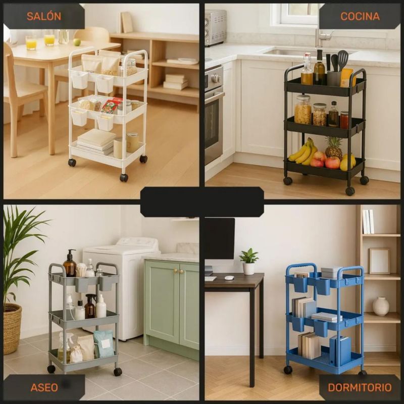 Carrito Organizador Multiusos 3 Niveles 4 Cestos y Ganchos Auxiliar Desmontable Ruedas 360 Blanco
