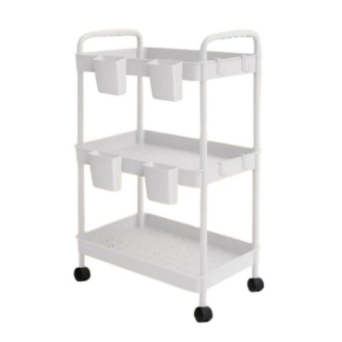 Carrito Organizador Multiusos 3 Niveles 4 Cestos y Ganchos Auxiliar Desmontable Ruedas 360 Blanco