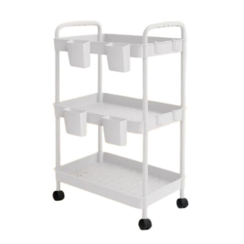 Carrito Organizador Multiusos 3 Niveles 4 Cestos y Ganchos Auxiliar Desmontable Ruedas 360 Blanco