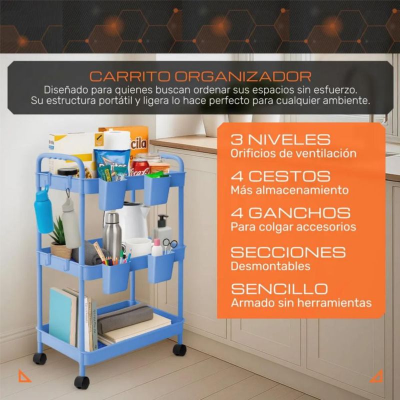 Carrito Organizador Multiusos 3 Niveles 4 Cestos y Ganchos Auxiliar Desmontable Ruedas 360 Azul