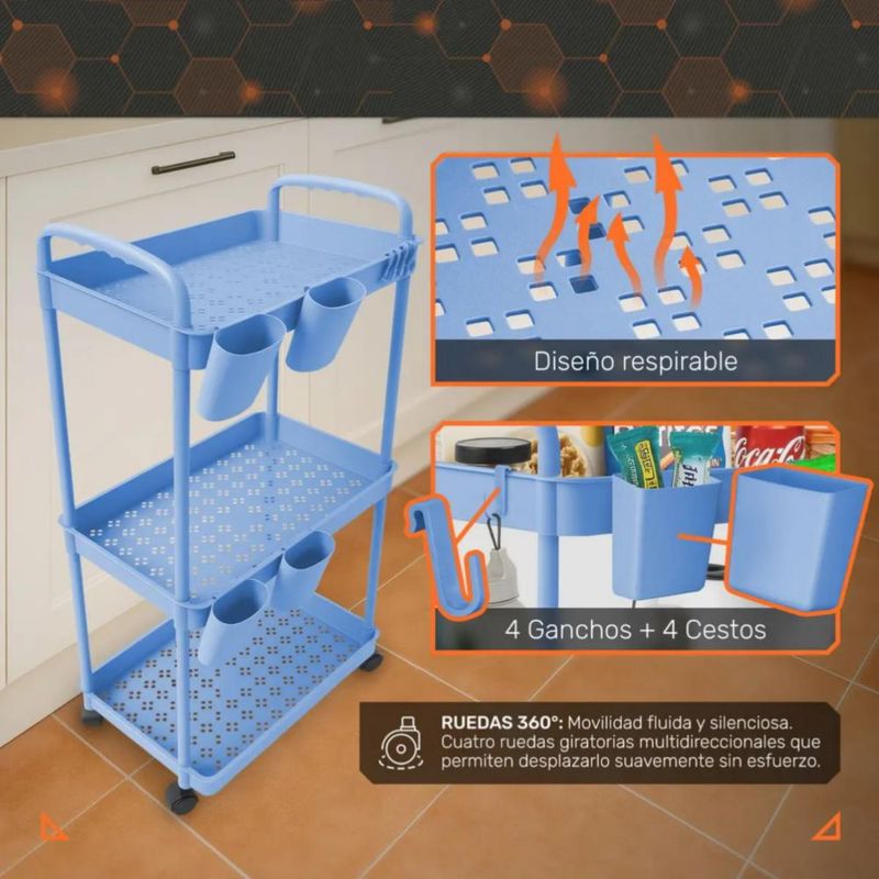 Carrito Organizador Multiusos 3 Niveles 4 Cestos y Ganchos Auxiliar Desmontable Ruedas 360 Azul