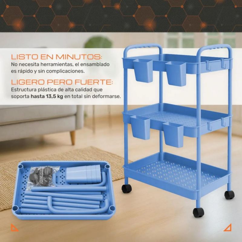 Carrito Organizador Multiusos 3 Niveles 4 Cestos y Ganchos Auxiliar Desmontable Ruedas 360 Azul