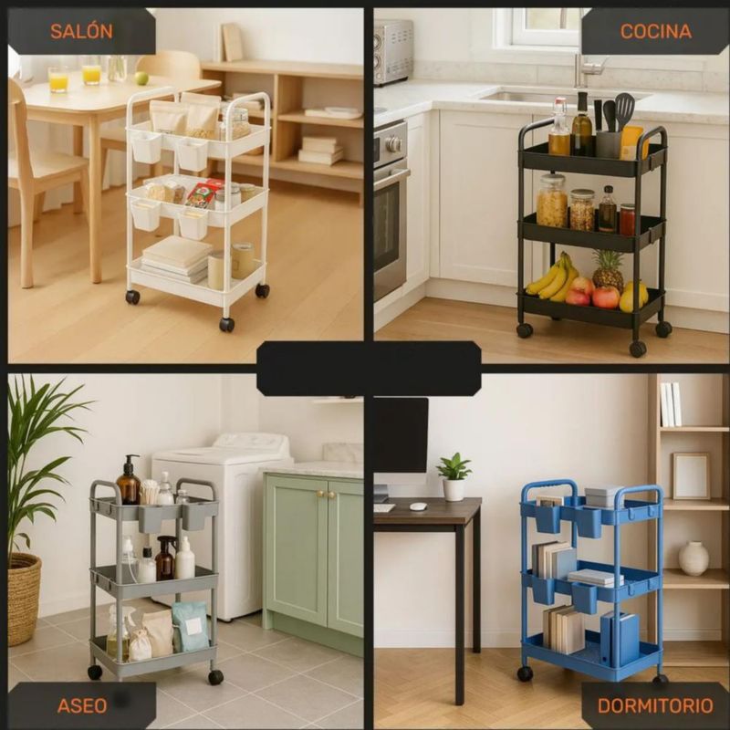 Carrito Organizador Multiusos 3 Niveles 4 Cestos y Ganchos Auxiliar Desmontable Ruedas 360 Azul