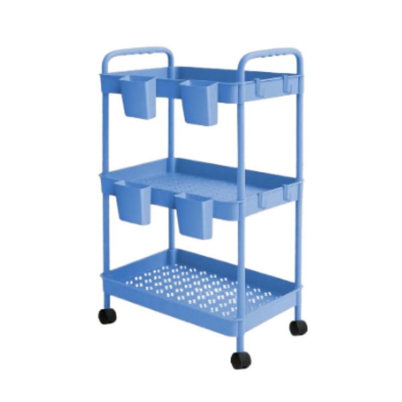 Carrito Organizador Multiusos 3 Niveles 4 Cestos y Ganchos Auxiliar Desmontable Ruedas 360 Azul