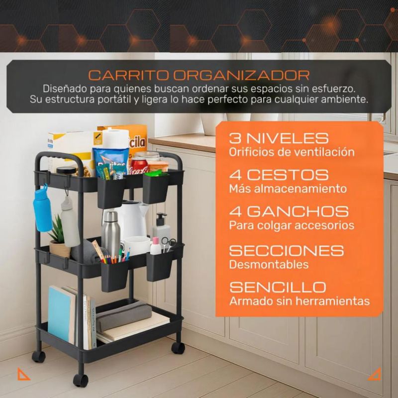 Carrito Organizador Multiusos 3 Niveles 4 Cestos y Ganchos Auxiliar Desmontable Ruedas 360 Negro