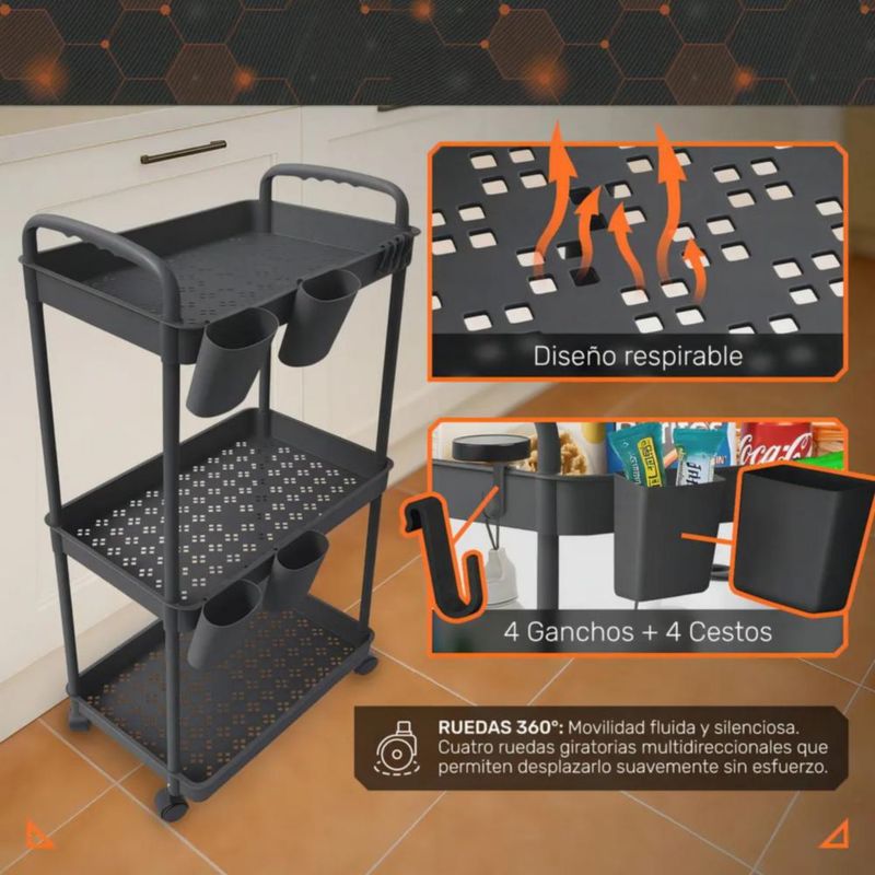 Carrito Organizador Multiusos 3 Niveles 4 Cestos y Ganchos Auxiliar Desmontable Ruedas 360 Negro