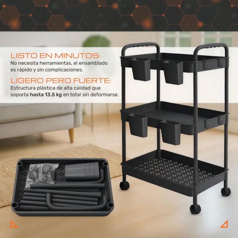Carrito Organizador Multiusos 3 Niveles 4 Cestos y Ganchos Auxiliar Desmontable Ruedas 360 Negro