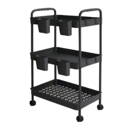 Carrito Organizador Multiusos 3 Niveles 4 Cestos y Ganchos Auxiliar Desmontable Ruedas 360 Negro