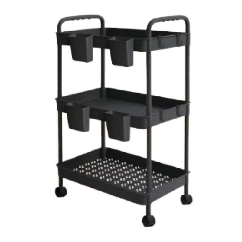 Carrito Organizador Multiusos 3 Niveles 4 Cestos y Ganchos Auxiliar Desmontable Ruedas 360 Negro