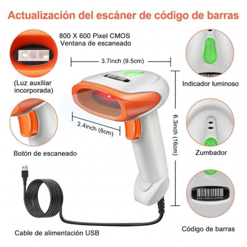Lector De Código Barras 1D 2D Láser Lector USB  Scanner QR Blanco