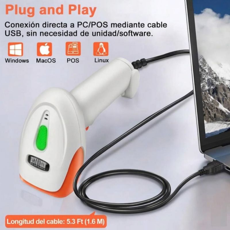 Lector De Código Barras 1D 2D Láser Lector USB  Scanner QR Blanco