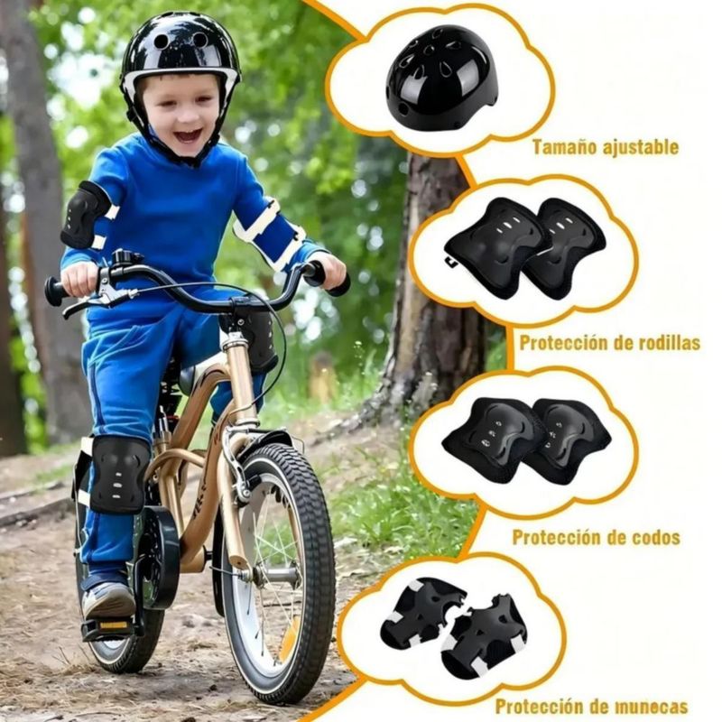 Equipo De Protección Rodilla Codo Mano Patinaje Para Niño 7pzas Negro