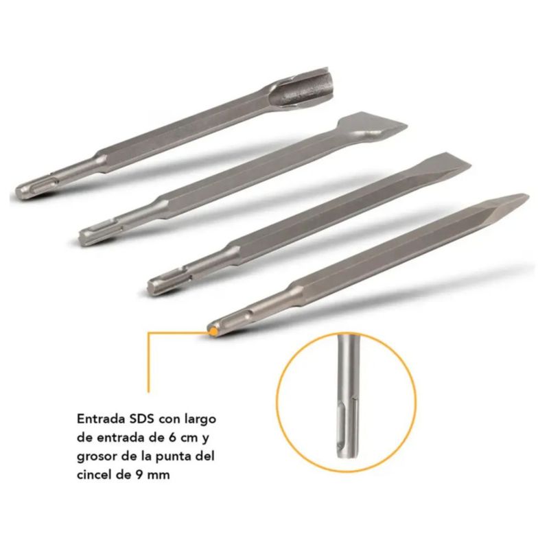 Kit Cincel Taladro Rotomartillo Concreto Gurbia 25 cm 4pz Plata