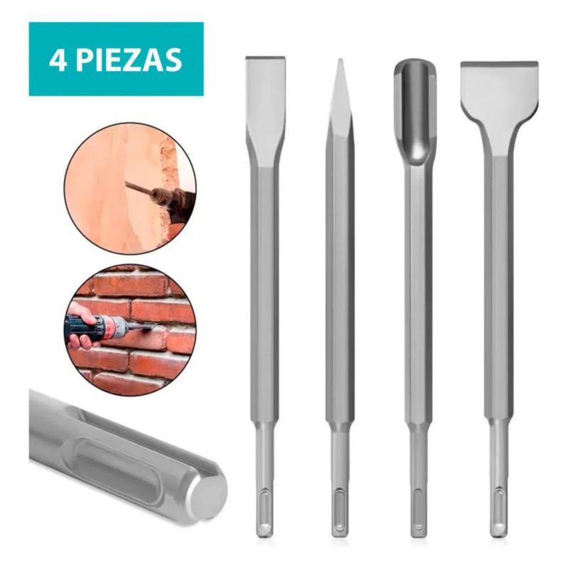 Kit Cincel Taladro Rotomartillo Concreto Gurbia 25 cm 4pz Plata