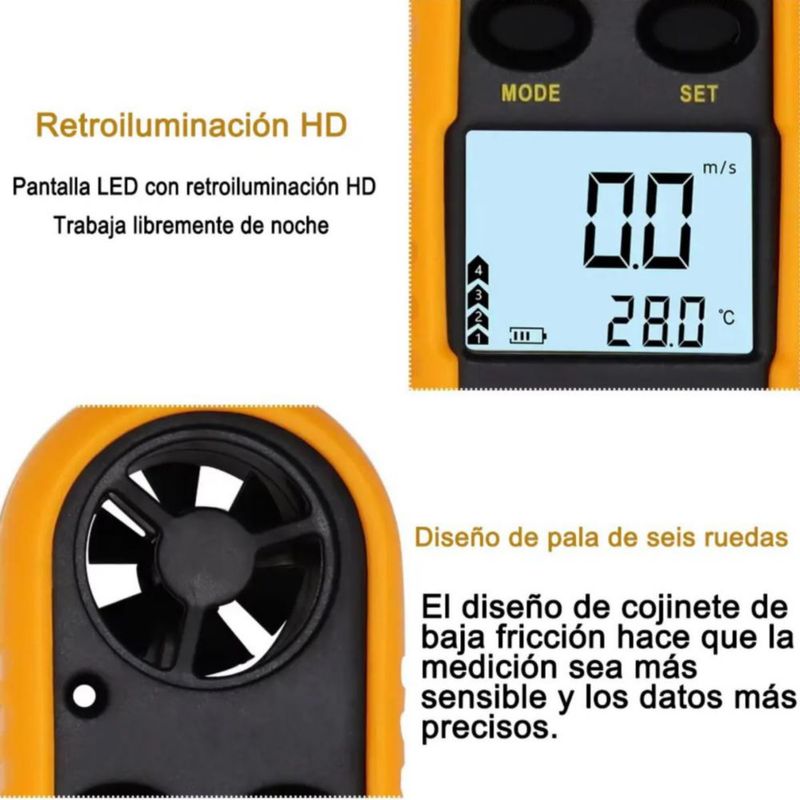 Medidor Portátil de Viento Digital Termómetro Negro-Amarillo