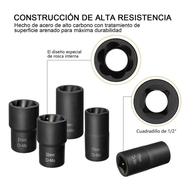 Juego De Extractores 1/2'' Para Quitar Tuercas Barridas Negro Detalle Naranja