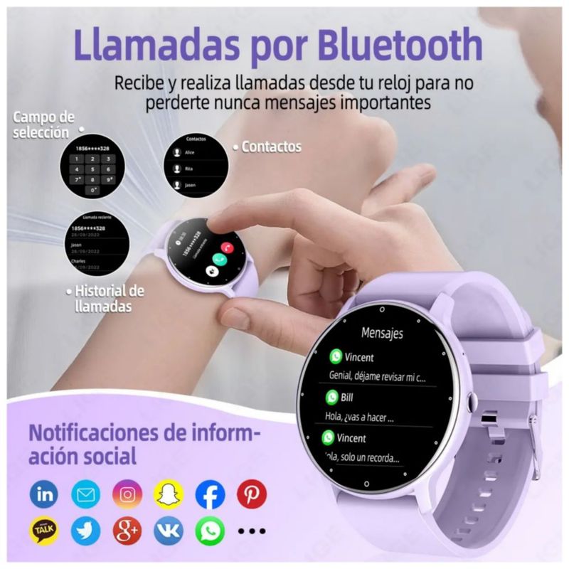 Reloj inteligente Smartwatch impermeable con correa de silicona, Color Morado