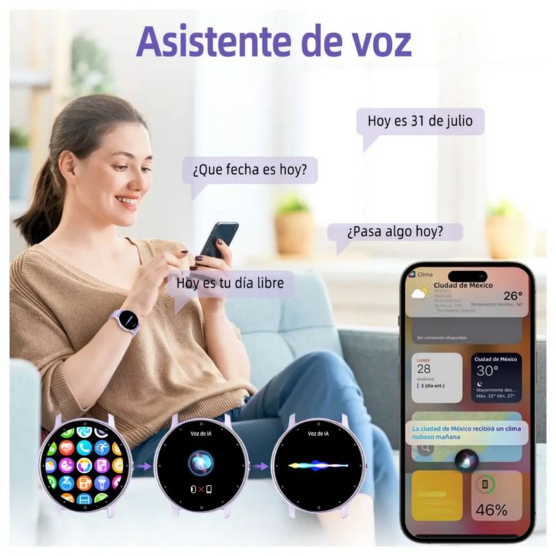 Reloj inteligente Smartwatch impermeable con correa de silicona, Color Morado
