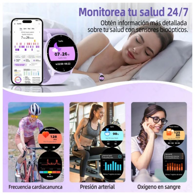 Reloj inteligente Smartwatch impermeable con correa de silicona, Color Morado