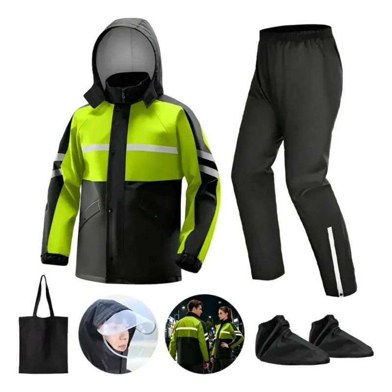 Impermeable Motociclista Reflejante Para Lluvia Con Capucha, Color  verde / negro XL