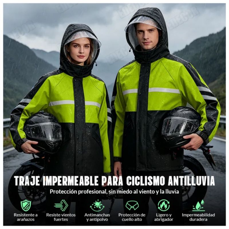 Impermeable Motociclista Reflejante Para Lluvia Con Capucha, Color  verde / negro XL