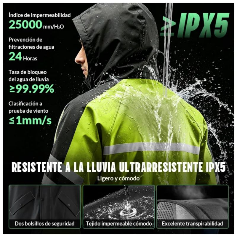 Impermeable Motociclista Reflejante Para Lluvia Con Capucha, Color  verde / negro XL