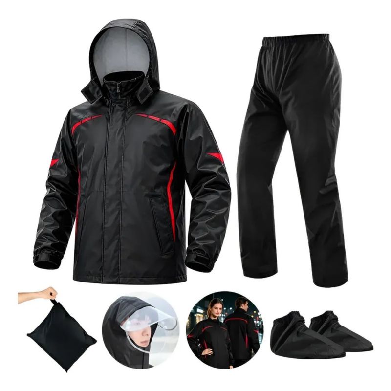 Impermeable Motociclista Reflejante Para Lluvia Con Capucha XL, Color  Negro con Rojo