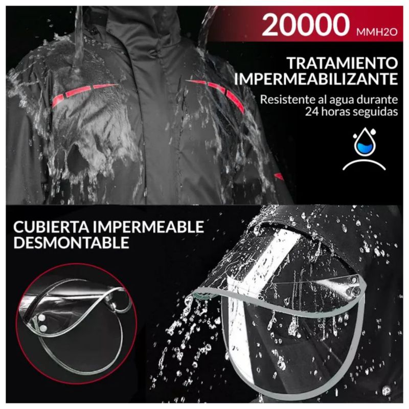 Impermeable Motociclista Reflejante Para Lluvia Con Capucha XL, Color  Negro con Rojo