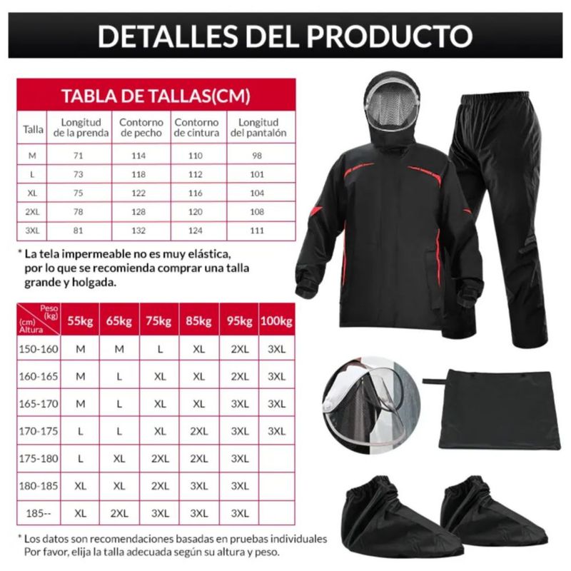 Impermeable Motociclista Reflejante Para Lluvia Con Capucha XL, Color  Negro con Rojo