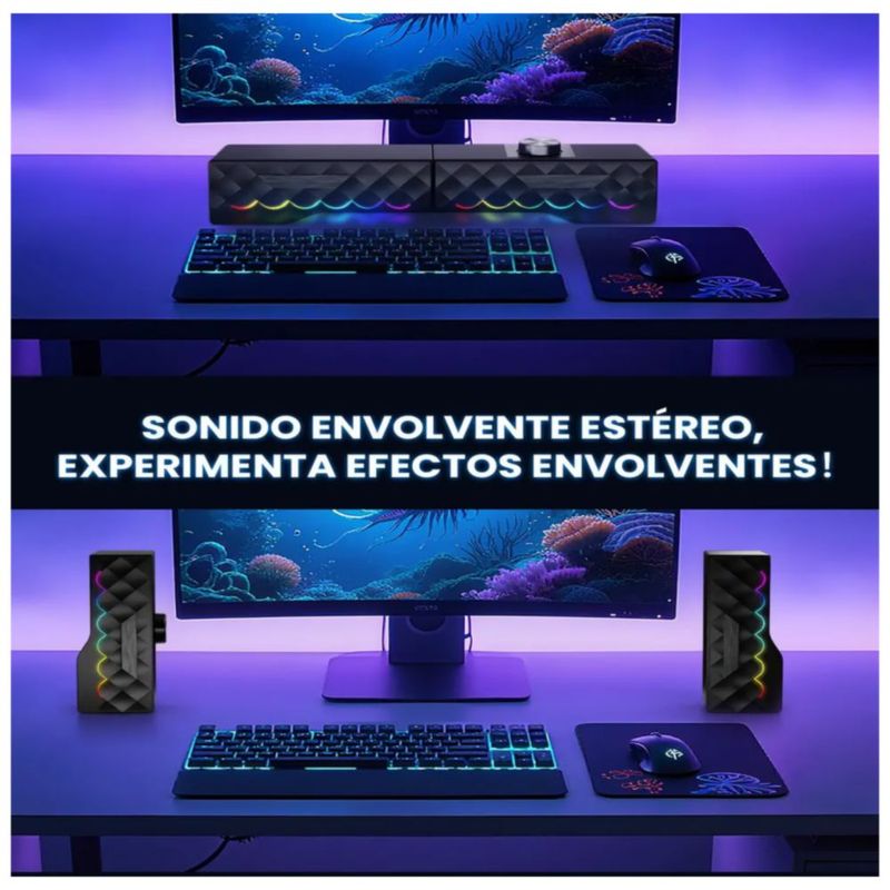 Bocina Gamer  Desmontable 2 en 1 con LED RGB para PC y Laptop, Color Negro