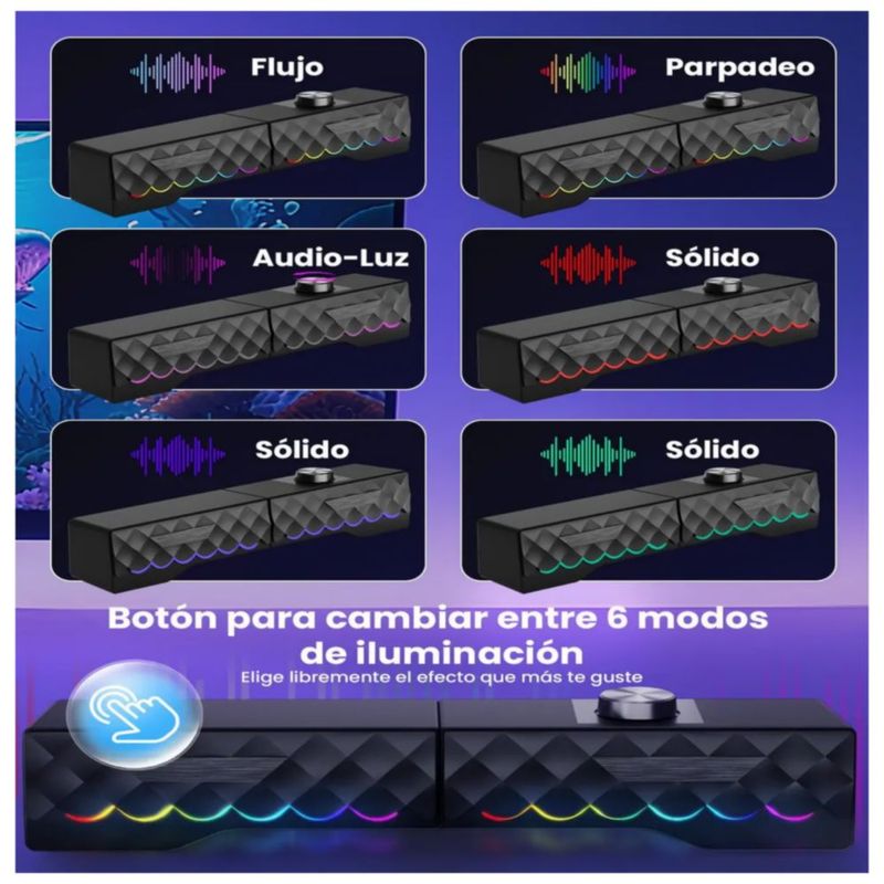 Bocina Gamer  Desmontable 2 en 1 con LED RGB para PC y Laptop, Color Negro