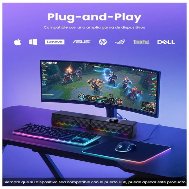 Bocina Gamer  Desmontable 2 en 1 con LED RGB para PC y Laptop, Color Negro