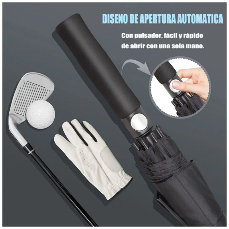 Paraguas Gran Resistente Al Viento Con Mango Largo Automático, Color Negro