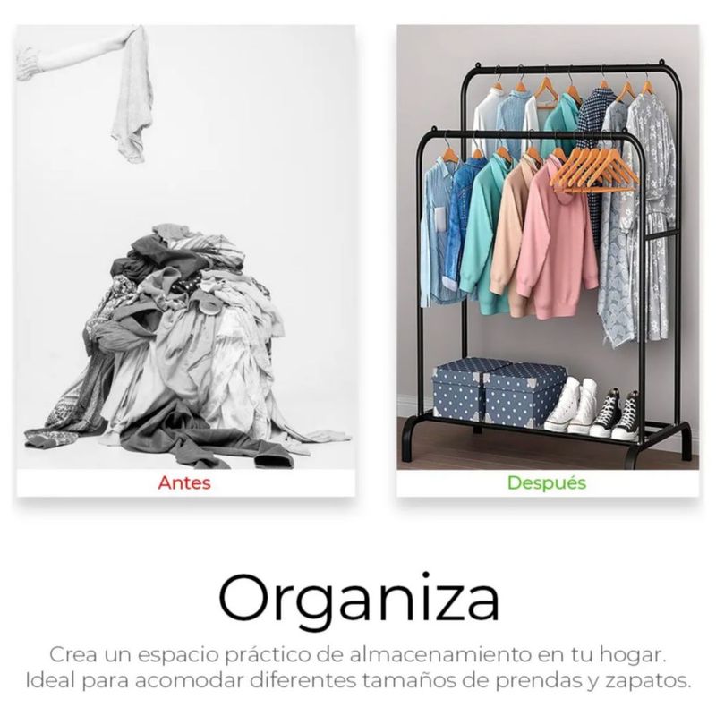 Perchero Elegante Organizador De Ropa Closet Doble Armario, Color  Negro