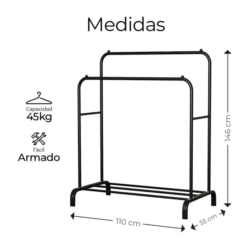 Perchero Elegante Organizador De Ropa Closet Doble Armario, Color  Negro