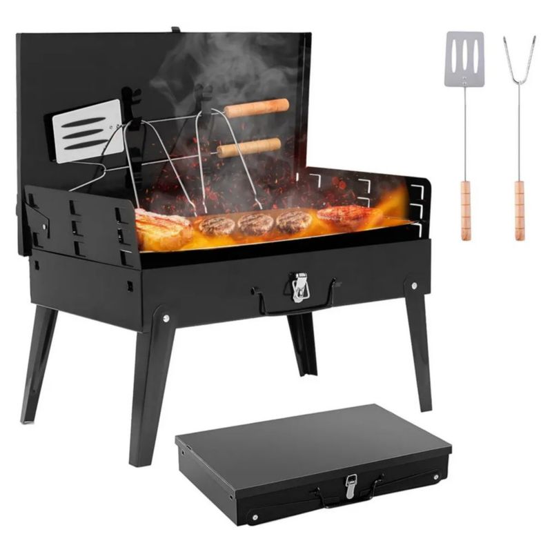 Parrilla Asador Plegable Con Accesorios Camping Portátil, Color Negro