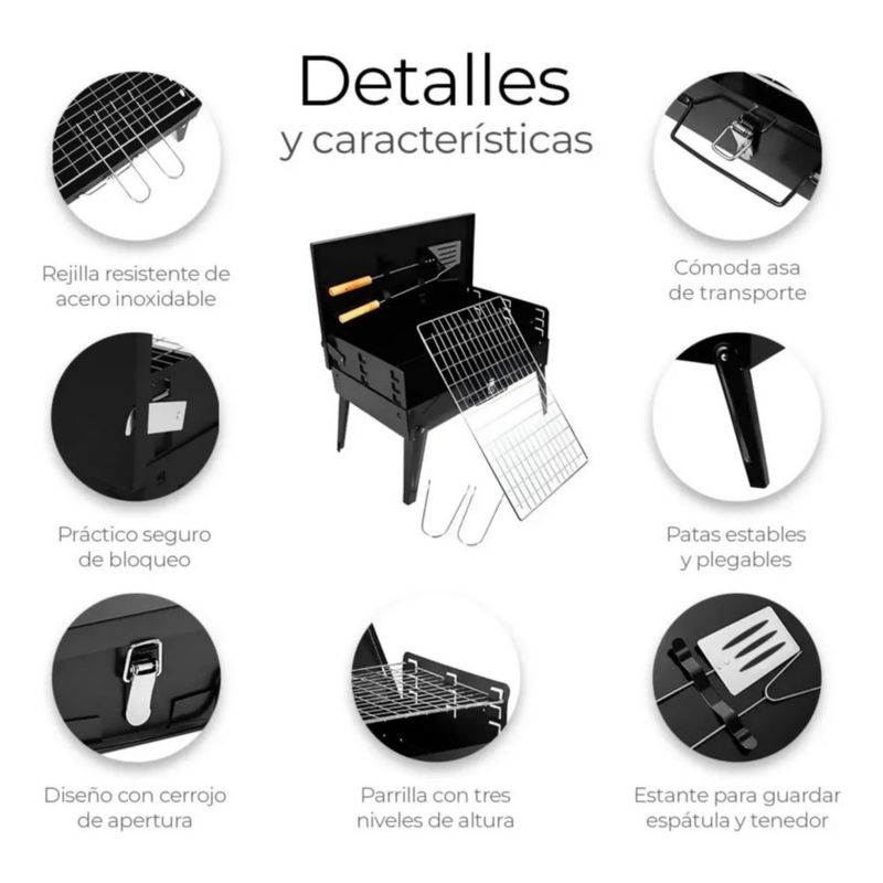 Parrilla Asador Plegable Con Accesorios Camping Portátil, Color Negro